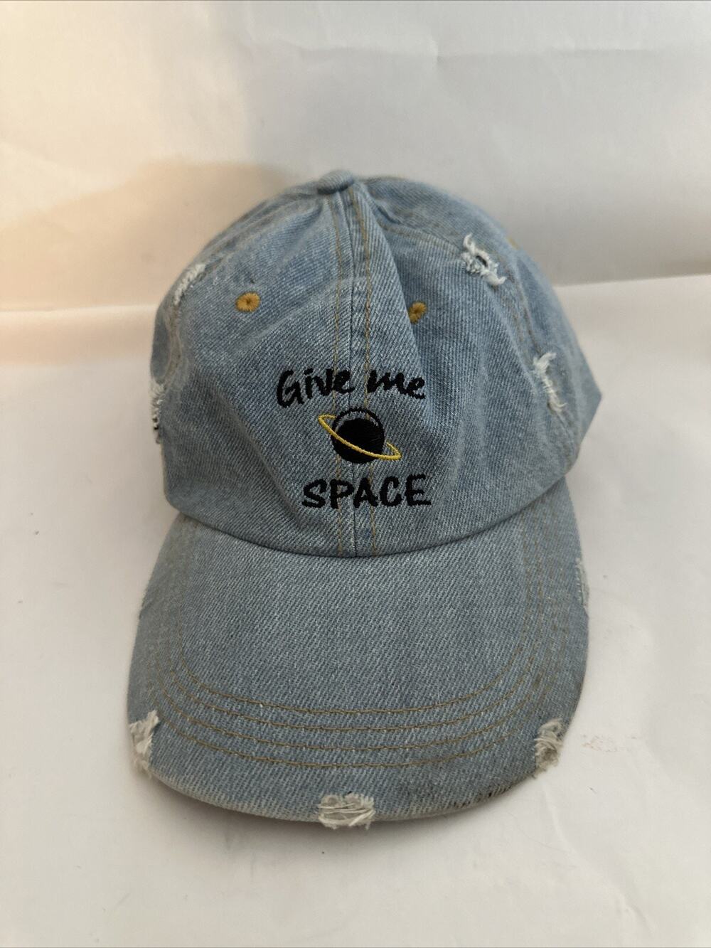 EUC “Give Me Space” Embroidered Denim Distressed Hat Cap Unisex Adjustable